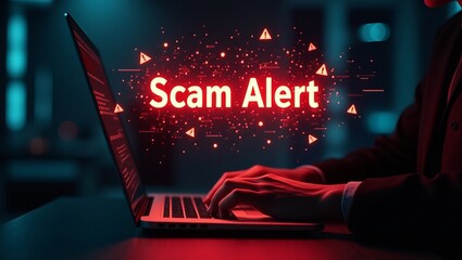 Aufkleber - A close-up of hands typing on a laptop, with a striking 'Scam Alert' graphic in red, evoking a sense of urgency and caution.