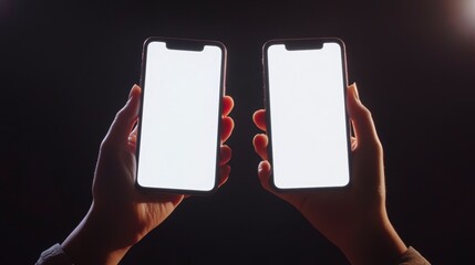 Poster - Two hands hold smartphones with blank screens against a dark background.