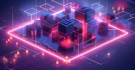 Poster - Abstract Digital Cityscape in Neon Lights Showcasing Technological Advancement and Futuristic Design