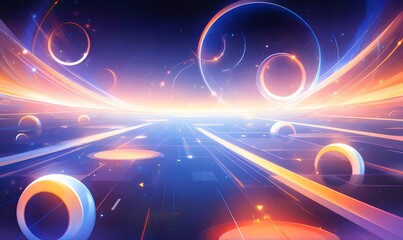 Poster - Abstract Digital Artwork Featuring Glowing Spheres Lines and Light Trails in Vibrant Blue and Orange Tones
