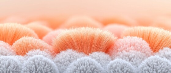 Poster - Colorful, fluffy brush fibers create a visually appealing abstract background, blending pastel tones of peach and gray for a serene atmosphere and artistic flair