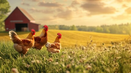 Poster - Three chickens in a grassy field near a red barn at sunset.