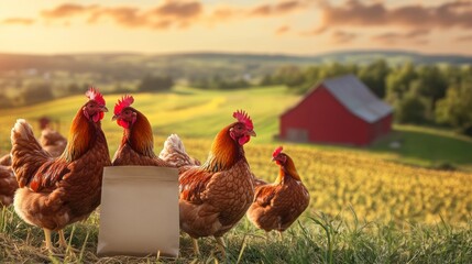 Poster - Chickens on farm with blank bag at sunset.
