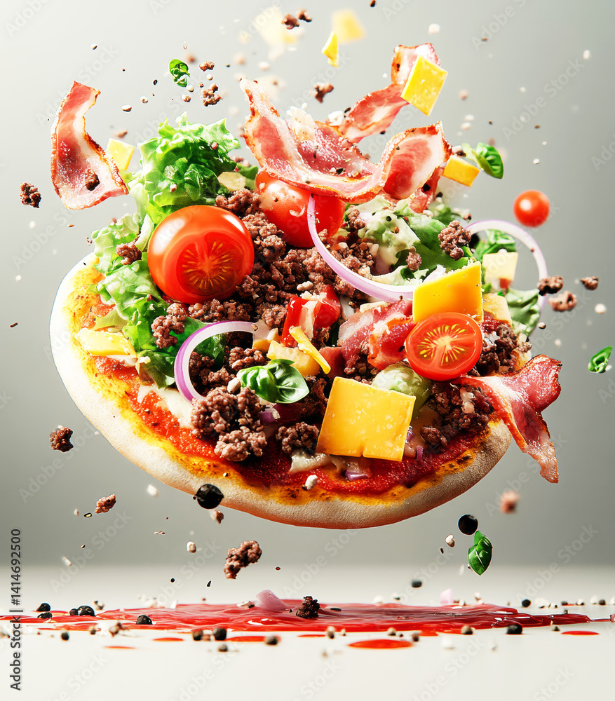 Meat Explode Meat Lovers Pizza Explosion: A mouthwatering meat lovers pizza in mid ...