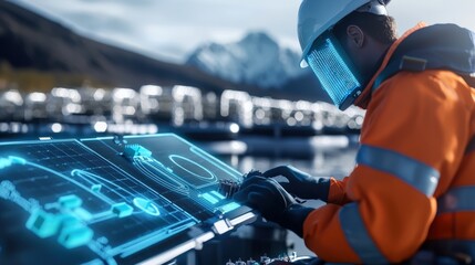 Poster - construction worker utilizing advanced technology for planning in industrial landscape digital visua