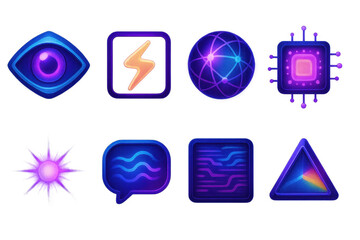 Poster - Vibrant 3d cyber icons set: eye, lightning, network, chip, star, message, waves, triangle