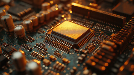 Poster - Microprocessor on a circuit board glowing softly to represent technology, innovation, and digital advancements