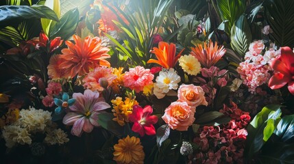Poster - Vibrant, colorful floral arrangement with various flowers and lush green leaves, illuminated by sunlight.