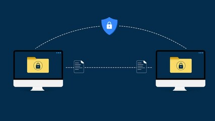 Poster - Protected data transferring concept 4k animation with folders and lock in the center, technology backdrop. Secure files transfer animation.