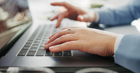 Poster - Laptop, hands and woman typing in office for email, feedback or writing report online. Technology, computer and networking with business person for lead generation, article review or research