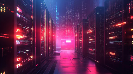 Poster - Advanced technology infrastructure in a data center at night with illuminated servers
