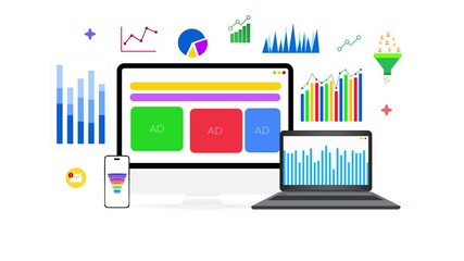 Poster - Social media ads and digital marketing concept background with floating shapes, 4k animation. Dashboard, stats, budget, funnels, conversions