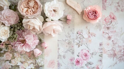 Poster - Pastel roses and floral design elements arranged on a patterned surface.