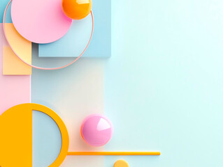 Poster - abstract pastel composition with 3d geometric shapes including spheres, circles and rectangles on a 