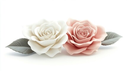 Poster - Two artificial roses, one white and one pink, with grey leaves, isolated on white background.