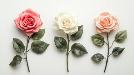 Poster - Three artificial roses in pink, white, and peach colors arranged on a white background.