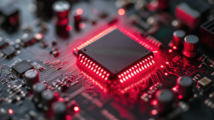 Poster - Circuit board featuring a glowing CPU with red lights highlighting modern technology