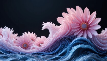 Poster - Floral waves blooming in serenity ocean shore digital art abstract environment surreal viewpoint nature concept