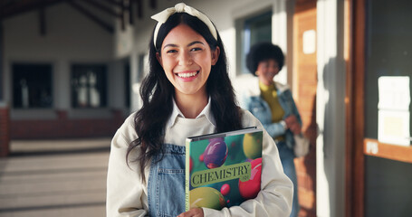 Aufkleber - Education, teenager and smile with portrait of girl in hallway for high school academy, future and scholarship. Chemistry textbook, studying and learning with students on campus for knowledge