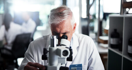 Aufkleber - Mature man, research and scientist with microscope for forensic study or new experiment. Male person, medical worker or employee with lens, micro organism or scientific breakthrough at laboratory
