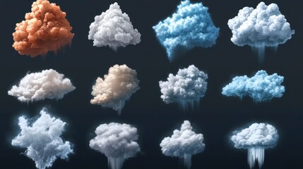 Aufkleber - Collection of various shaped clouds in different colors, isolated on dark background.