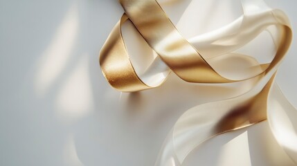 Poster - Elegant gold and off-white satin ribbons arranged artistically on a white background, illuminated by soft sunlight, creating shadows and texture.