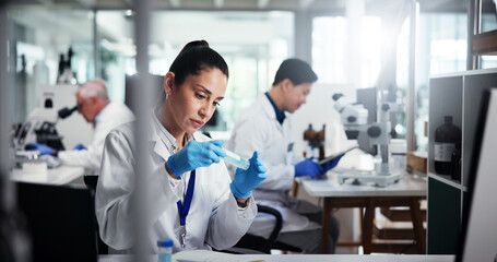 Aufkleber - woman, scientist and sample with vial for medical research, exam or test results at laboratory. fema