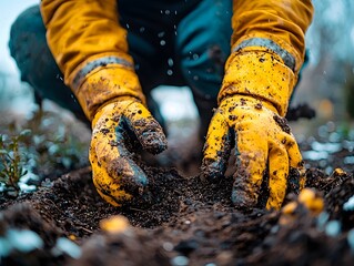 Poster - Gardener s hands planting seeds in tilled soil