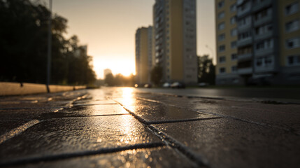 Poster - Close-up of wet pavement reflecting sunset light, creating a warm, textured surface, showcasing urban environment at dawn or dusk