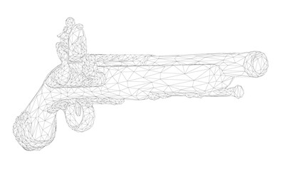 Poster - A gun is shown in a black and white wireframe. The gun is a pistol and is pointed in the direction of the viewer.