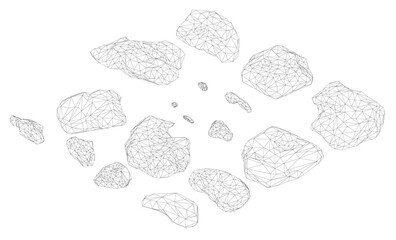 Poster - A close up of a rock with a few other rocks in the background. The rocks are scattered and appear to be broken. Isometric view