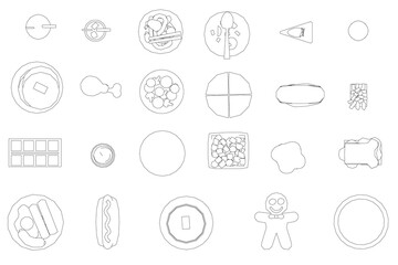 Poster - A collection of food items are drawn in black and white. The food items include a sandwich, a cookie, a cake, a pizza, a hot dog, a piece of fruit, a bowl, a plate, a cup, a spoon