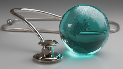 Aufkleber - Glass globe with etched world map, beside a stethoscope, symbolizing global health, medical care, or international healthcare initiatives