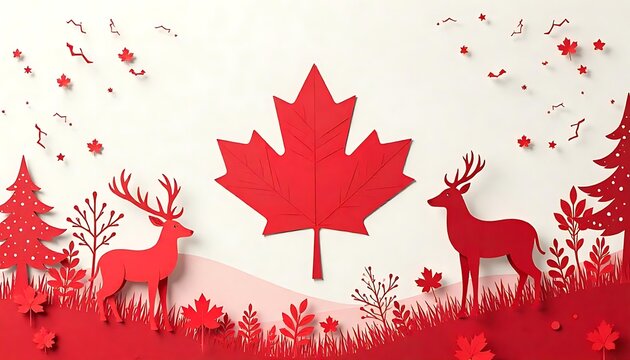 Happy Canada Day background with canada day celebration card with map animal of canada vector illustration paper art style, canada independence day created with generative ai
