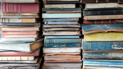 Aufkleber - Stack of old, worn books with various colors and textures.