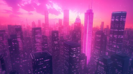 Aufkleber - Pink and purple city skyline at sunset.
