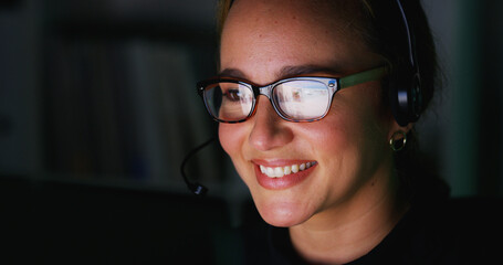 Aufkleber - Glasses, customer support and woman at night in office for reading, online help and consulting. Corporate, business and happy person in headset for virtual assistance, communication and contact space