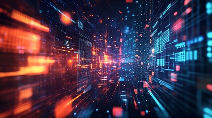 Poster - Abstract Futuristic Digital Data Stream Network with Glowing Blue and Orange Lights