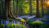 Walking path through bluebells in magical forest during spring season