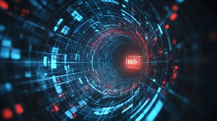 Poster - Cyberspace Data Tunnel with Glowing Circuitry and Blue Grid Abstract Background