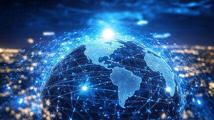 Aufkleber - Digital Globe with Blue Network Connections and Cityscape with blurred background