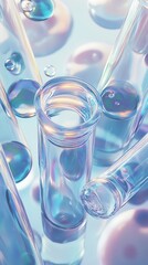 Poster - Iridescent Clear Glass Test Tubes with Spheres on Soft Blue Gradient Backdrop