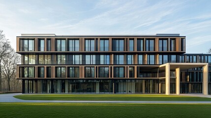 Poster - A stunning large building boasts numerous expansive windows reflecting the soft light of early evening. Surrounded by a lush green lawn and trees, it embodies contemporary architecture