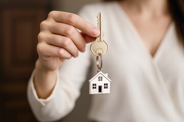 Poster - Businesswoman holding house key with home-shaped keychain, symbolizing real estate ownership and property investment concept on light background.