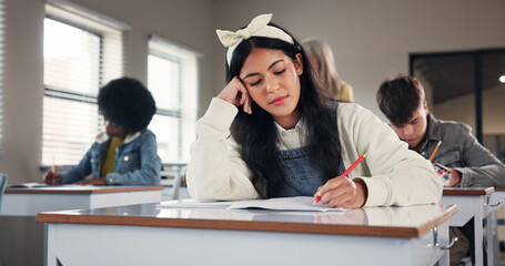 Poster - Girl, writing and learning in classroom at high school with solution, problem solving or test. Teenager, notebook and education with scholarship, development or study with perspective at academy