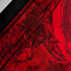 Poster - Abstract Art in Dark Red and Black Shades Featuring Botanical Motifs and Textile Pattern Details.