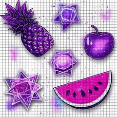 Poster - Abstract Composition of Pineapple Watermelon Cherry and Geometric Shapes on Grid Pattern.