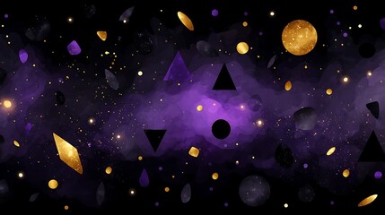 Poster - abstract geometry galaxy cosmos of shapes triangles and circles with golden highlights and purple ne