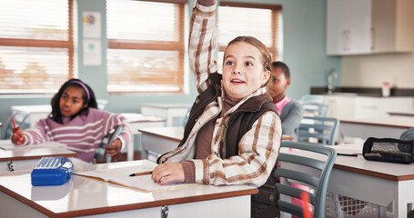 Aufkleber - Girl, raised hand and education in classroom, smile or excited with answer, quiz or development at school. Kids, pupil and happy for solution, question or test for assessment with learning at academy