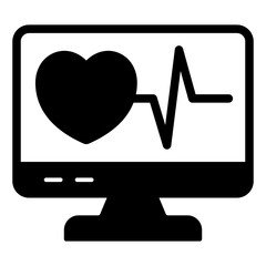 Poster - Monitor screen with cardiogram and heart solid icon, human rescue concept. Vector graphics. Display and heartbeat pulse sign on white background, glyph style mobile or design.